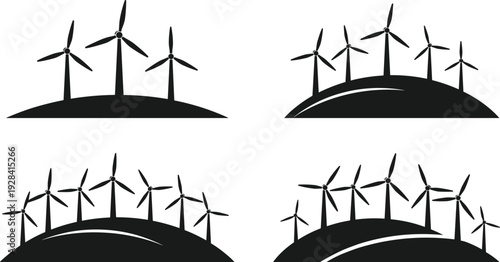 Wind turbine silhouettes on rolling hills showing renewable energy landscape, clean power generation vector illustration isolated in black and white style