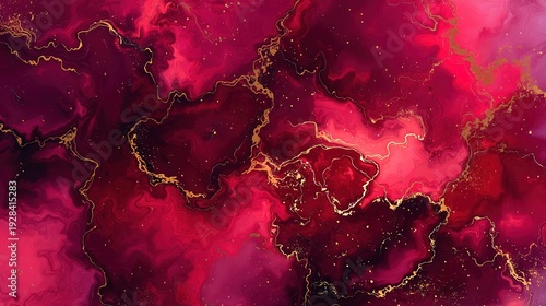 Abstract marble background in red and pink tones with golden veins, fluid artistic texture, luxury decorative pattern for design, packaging and interior