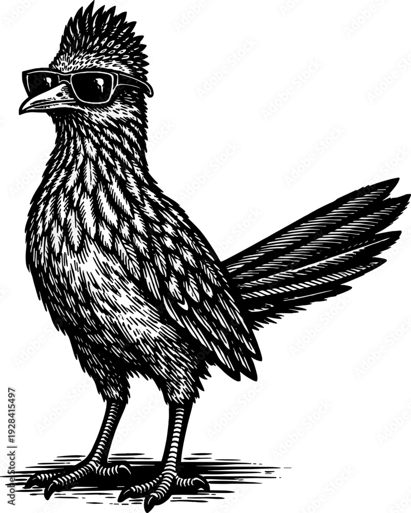 Fototapeta premium New Mexico Roadrunner Bird Wearing Sunglasses Woodcut Engraving Vector Illustration for Southwest Branding
