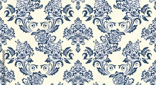 Classic European Damask Wallpaper Design in Muted Teal and Ivory Tones