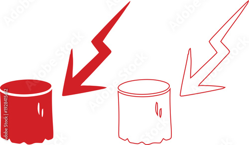 Electric Shock on Metal Drum in Simple Line Art with Red Accent in Warning Sign Style for Safety Illustration