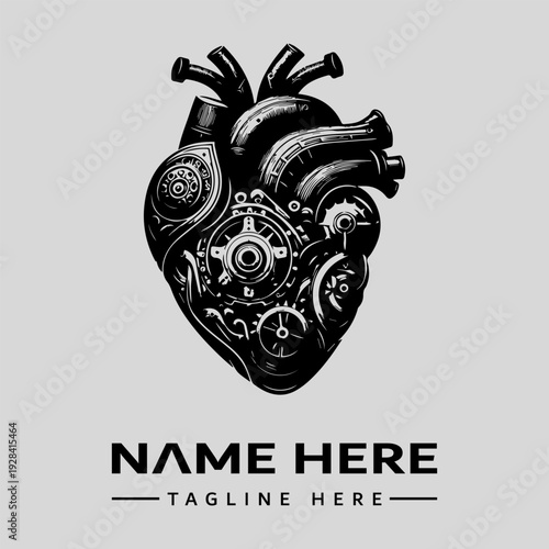 A detailed black and white illustration of a stylized heart with mechanical components against a clean white background.
