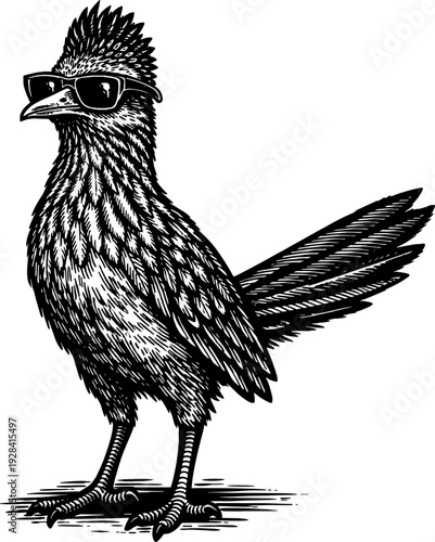 New Mexico Roadrunner Bird Wearing Sunglasses Woodcut Engraving Vector Illustration for Southwest Branding