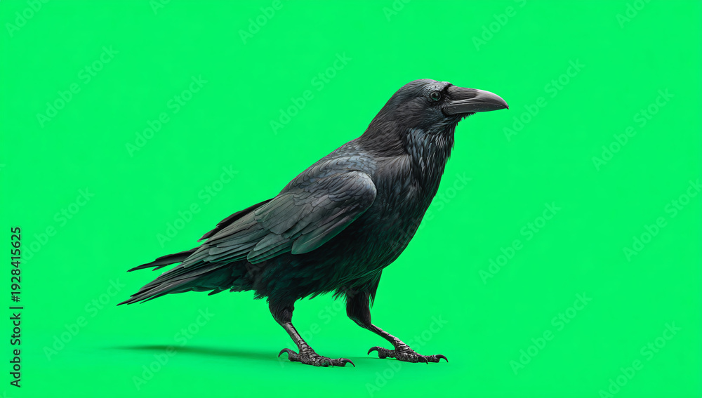 Obraz premium A majestic raven perched gracefully on a green background, showcasing its glossy black feathers and sharp beak.