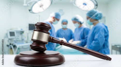 Wooden gavel in foreground with blurred surgical team in operating room, representing medical malpractice and healthcare law concept