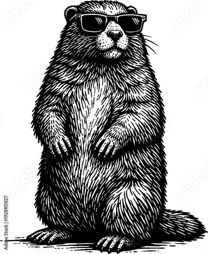 Olympic Marmot Wearing Sunglasses Vector Illustration Standing Woodcut Engraving Style Wildlife Art