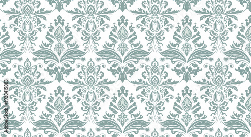 Sophisticated Teal Damask Background with Intricate Cream Baroque Flourishes