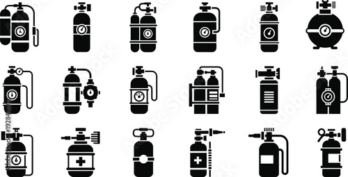 Black Vector Icon Set Of Oxygen Tanks And Scuba Diving Cylinders Featuring Pressure Gauges Valves And Respiratory Equipment For Industrial Safety And Underwater Exploration