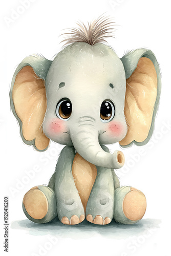 Cute hand drawn baby elephant in watercolor style on light background, children illustration with big eyes, concept of tenderness fairy tale and kids design