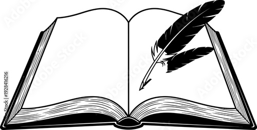 An open book with a quill pen on top