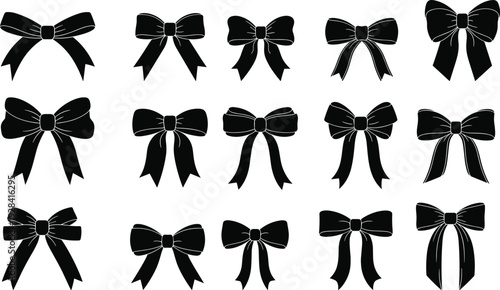 Large Collection Of Black Ribbon Bow Silhouettes Featuring Various Knot Styles And Decorative Ribbon Ties For Gift Packaging Greeting Cards Fashion And Wedding Celebration Designs