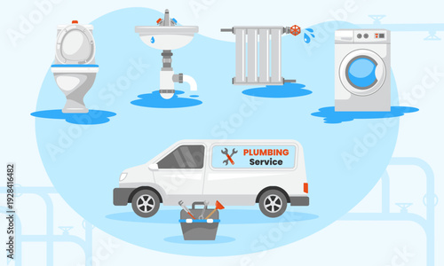 Plumbing Service Concept with Repair Van, Leaking Pipes and Household Fixtures Vector Illustration