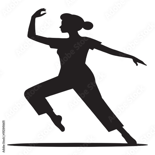 Modern t-shirt design with stylish black graphic on white background  Elegant woman dancing with arms raised in dynamic pose