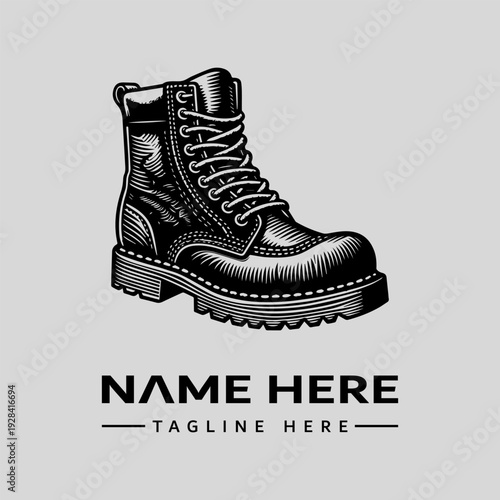 A detailed black and white illustration of a combat boot with laces and a thick sole, set against a clean background with a placeholder text for a logo or brand name in a vintage engraving