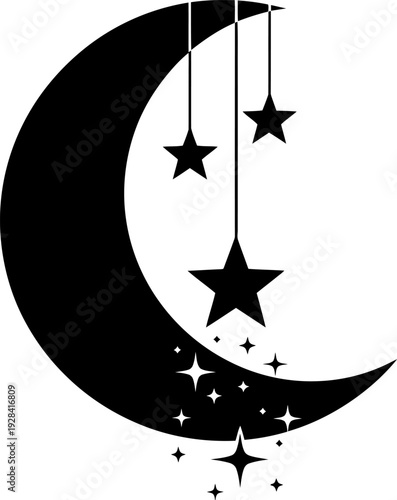 Crescent moon with stars and celestial bodies illustration