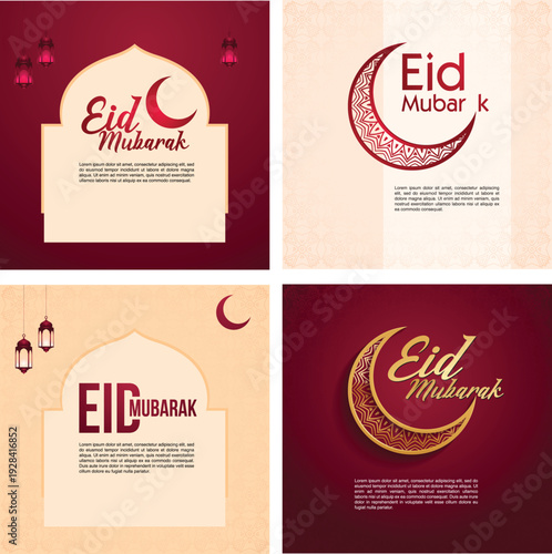 Set of 4 Eid Mubarak greeting card templates with crescent moon, Islamic lanterns, and ornamental patterns. Ideal for Ramadan celebration, social media, invitation cards, and festive promotions.