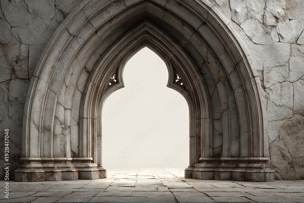 Obraz premium Ancient gothic stone arch medieval church or castle portal isolated opening with empty space old stone texture architectural background for historical and religious projects