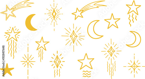 Celestial stars and crescent moon decorative elements set with mystical sparkle shapes in golden line art vector style for astrology and magic designs