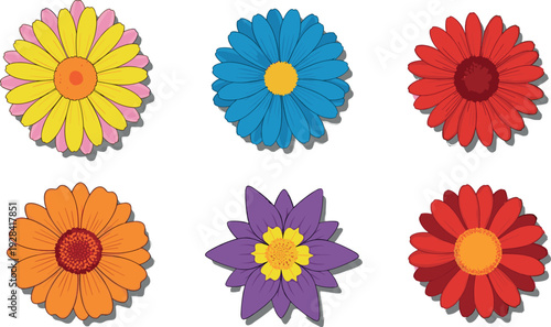 Colorful daisy and gerbera flower icons set with layered petals in bright flat vector illustration style for floral and decorative designs