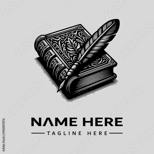 A black and white illustration of an ornate book with a quill pen on top, set against a light gray background, featuring a placeholder name and tagline in a simple typography.