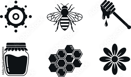 Beekeeping and honey production icons set with bee, hive cells, honey jar, dipper, flower, and gear symbols in black silhouette vector style