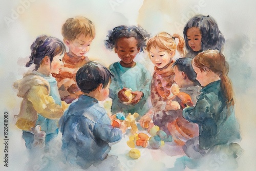 Watercolor illustration of group of children of different nationalities playing together concept of friendship unity and inclusivity