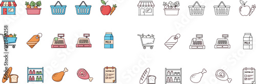 Grocery store shopping icons set with carts, baskets, cash registers, food products, receipts, and retail elements in flat outline vector style