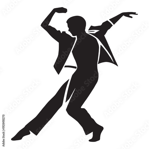 Modern t-shirt design with stylish black graphic on white background  Elegant woman dancing with arms raised in dynamic pose