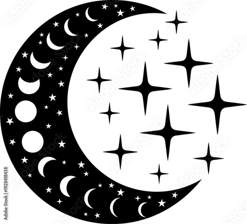 Crescent moon with stars and lunar phases illustration