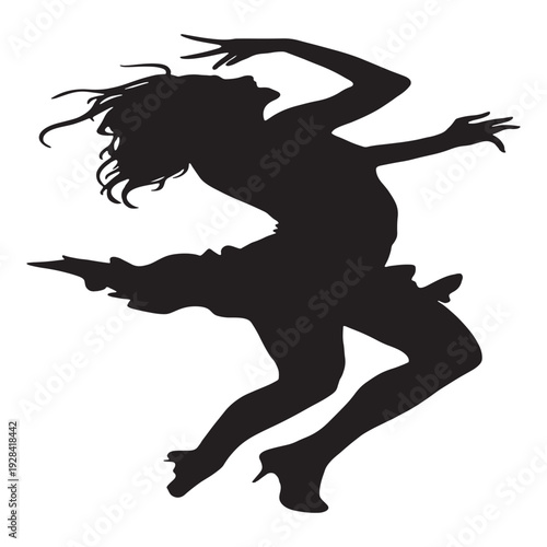 Modern t-shirt design with stylish black graphic on white background  Elegant woman dancing with arms raised in dynamic pose