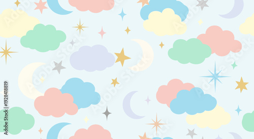 Whimsical Pastel Clouds and Stars Pattern.