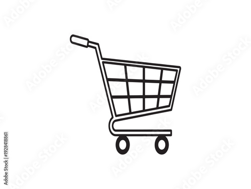 A simple line drawing of a shopping cart on wheels