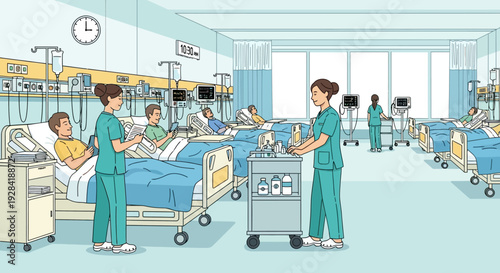 Hospital Ward with Medical Staff and Patients.