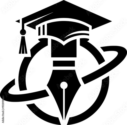 Education logo with graduation cap and fountain pen