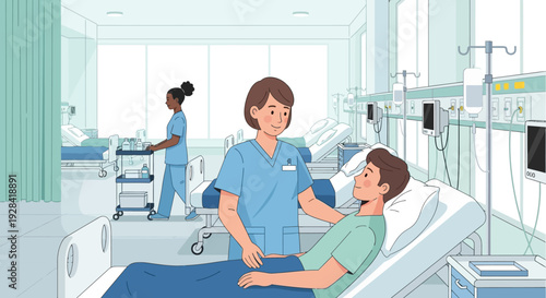 Nurse Attending to Patient in Hospital Ward.