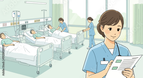 Nurse reviewing patient charts in a hospital ward with multiple beds and medical staff.