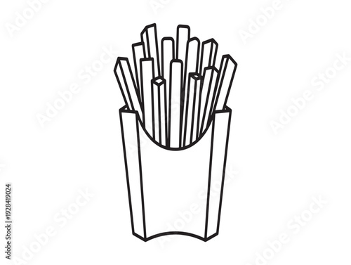 A black and white line drawing of a container filled with french fries