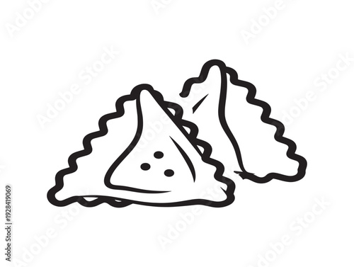 A black and white illustration of two triangular shaped dumplings or wontons