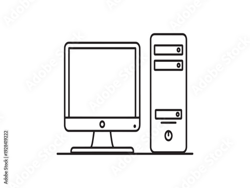 A simple line drawing of a desktop computer with monitor and tower
