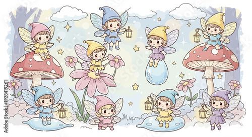Whimsical cartoon fairies with flowers and mushrooms in a fantasy landscape.