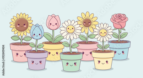 Colorful cartoon flowers in smiling pots with different facial expressions.