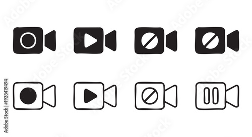 Multimedia video camera icon set with recording play pause and restricted access interface symbols