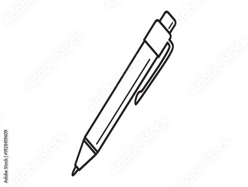 A black and white line drawing of a ballpoint pen with clip