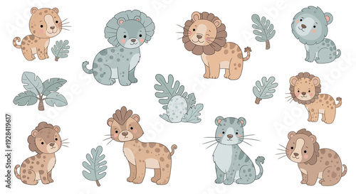 Cute cartoon lion and other wild animals illustration set.