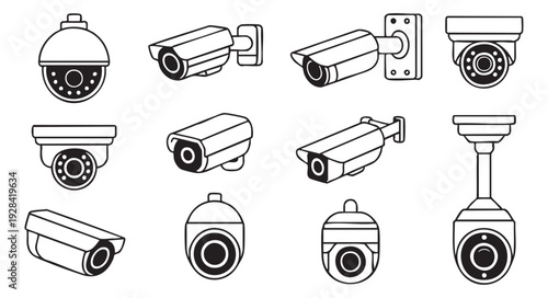 Set of cctv cameras icons isolated vector illustration video observation system line art style