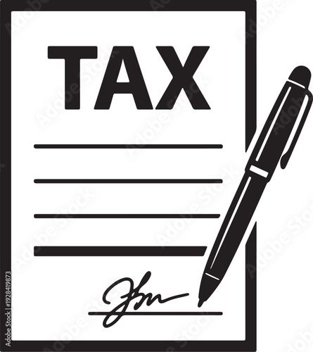 Black and white of a tax form with a pen and signature also transparent background document legal