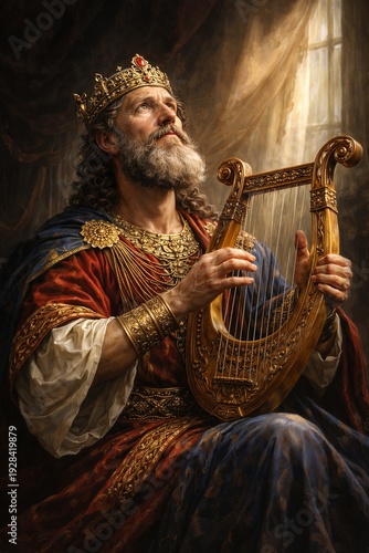 Biblical King David playing lyre in rays of light near window, ceremonial historical portrait of king of Israel, religious atmosphere of worship, inspiration and psalms