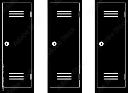 Three black metal lockers with silver details