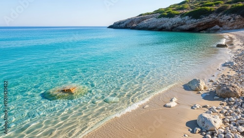 A serene beach with clear turquoise water and rocky shoreline