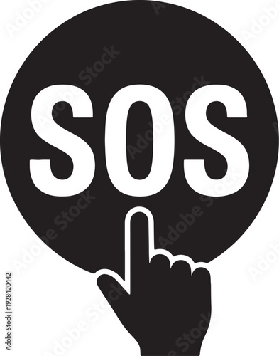 Black circle with white s o s text and a finger pointing at the text also transparent background distress signal
